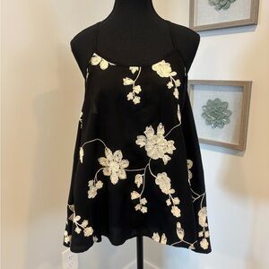 Never Worn! Stetson Black Racerback Top with Cream Floral Embroidery